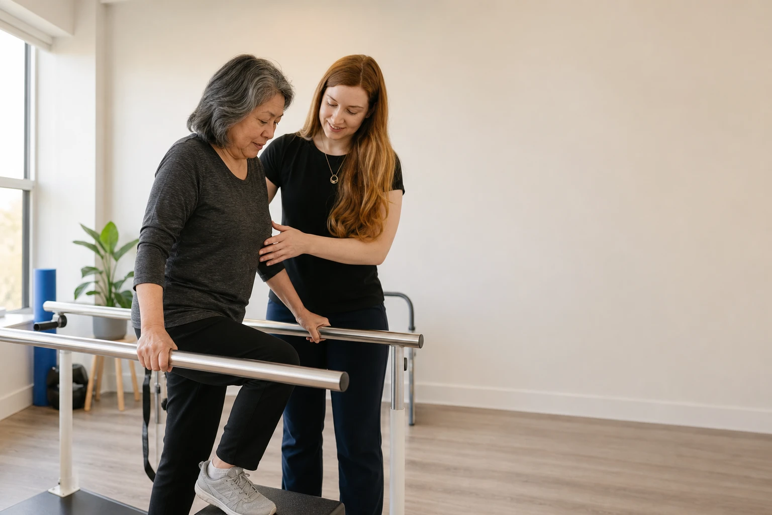 Physiotherapist guiding orthopedic rehabilitation step exercise at At Ease Physio in South Surrey